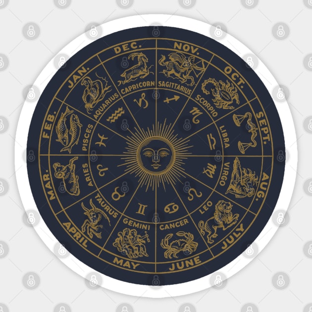 Vintage Astrology Wheel Shirt – 12 Zodiac Signs in Gold Celestial Mandala Sticker by Stylecombinator